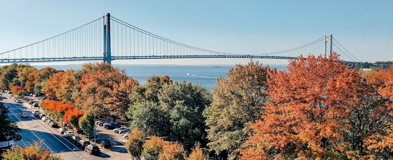 A view of Staten Island, NY's Verrazzano-Narrows in the autumn