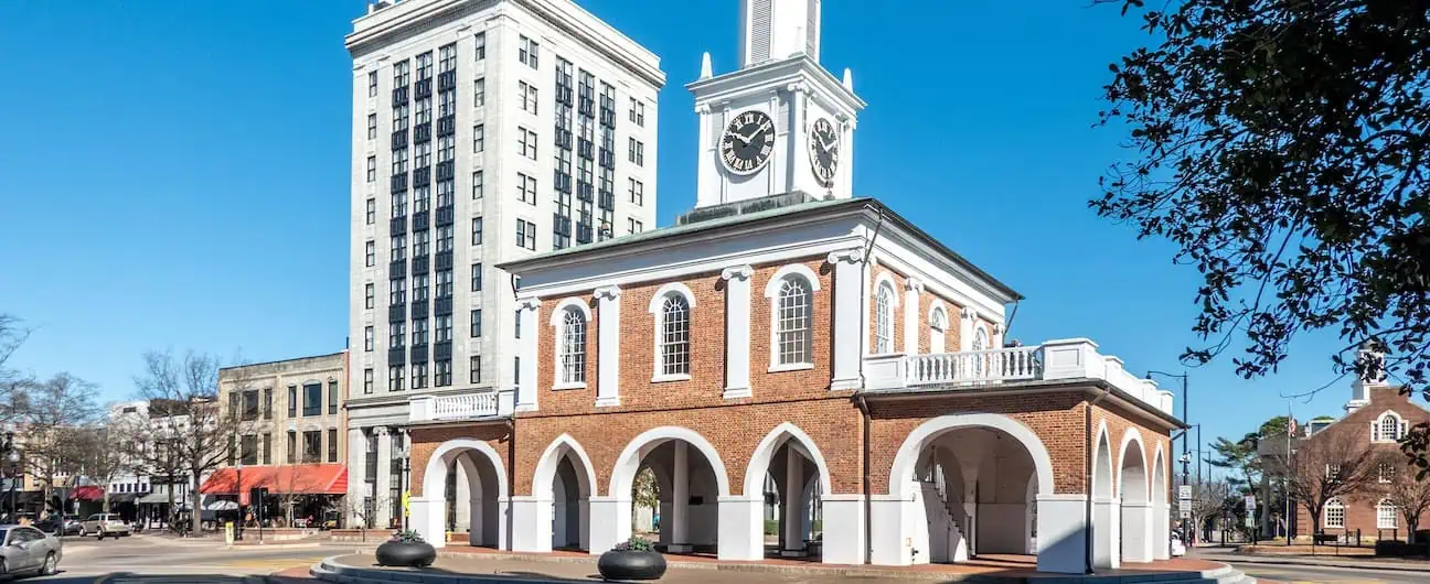 A view of the buildings in Fayetteville, NC's historic downtown square 