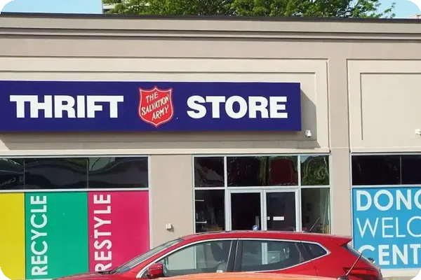 Salvation Army storefront for thrift shopping and donations.