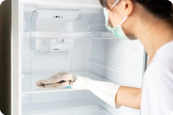 A woman wearing a mask and gloves cleans the inside of a fridge with a towel