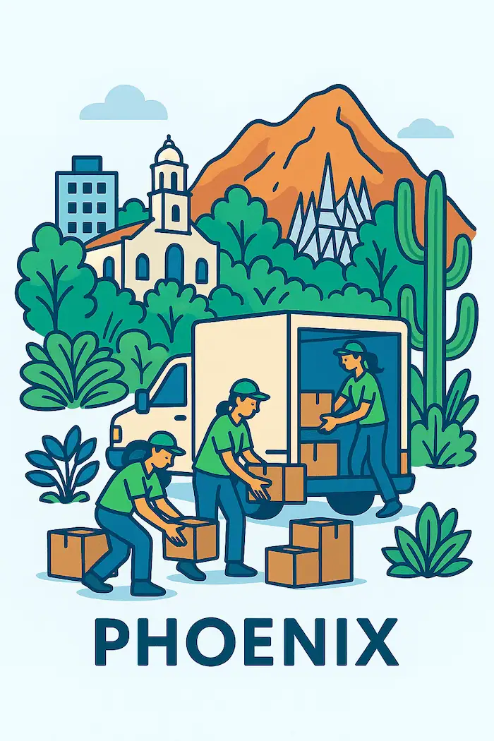 An illustration of movers loading a moving truck in front of a stylized depiction of major landmarks in Phoenix, AZ.