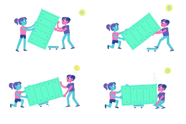 A side-view diagram of a piece of furniture properly balanced on a furniture dolly for moving