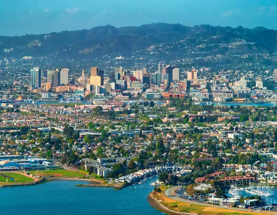 Aerial view of Oakland, CA from the bay.