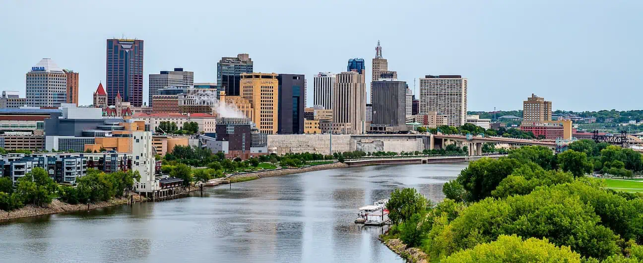 A view of the Saint Paul, MN skyline along the Mississippi River