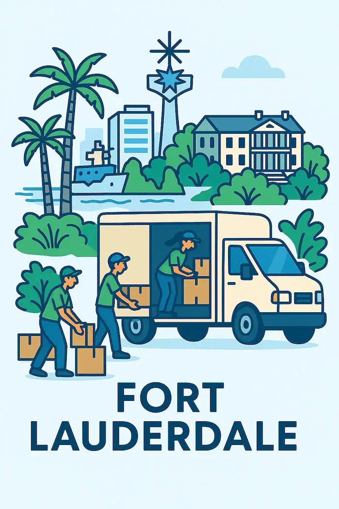An illustration of movers loading a moving truck in front of a stylized depiction of major landmarks in Fort Lauderdale, FL.