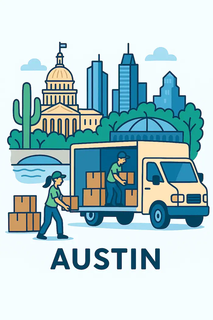An illustration of movers loading a moving truck in front of a stylized depiction of major landmarks in Austin, TX.