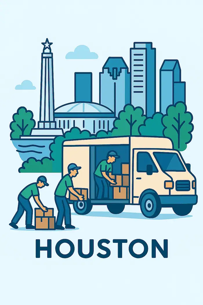 An illustration of movers loading a moving truck in front of a stylized depiction of major landmarks in Houston, TX.