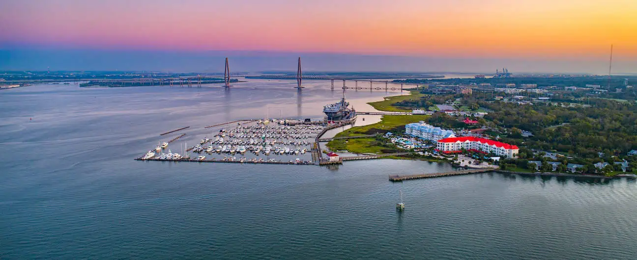 A view of Patriot's Point at sunset near Mount Pleasant, SC