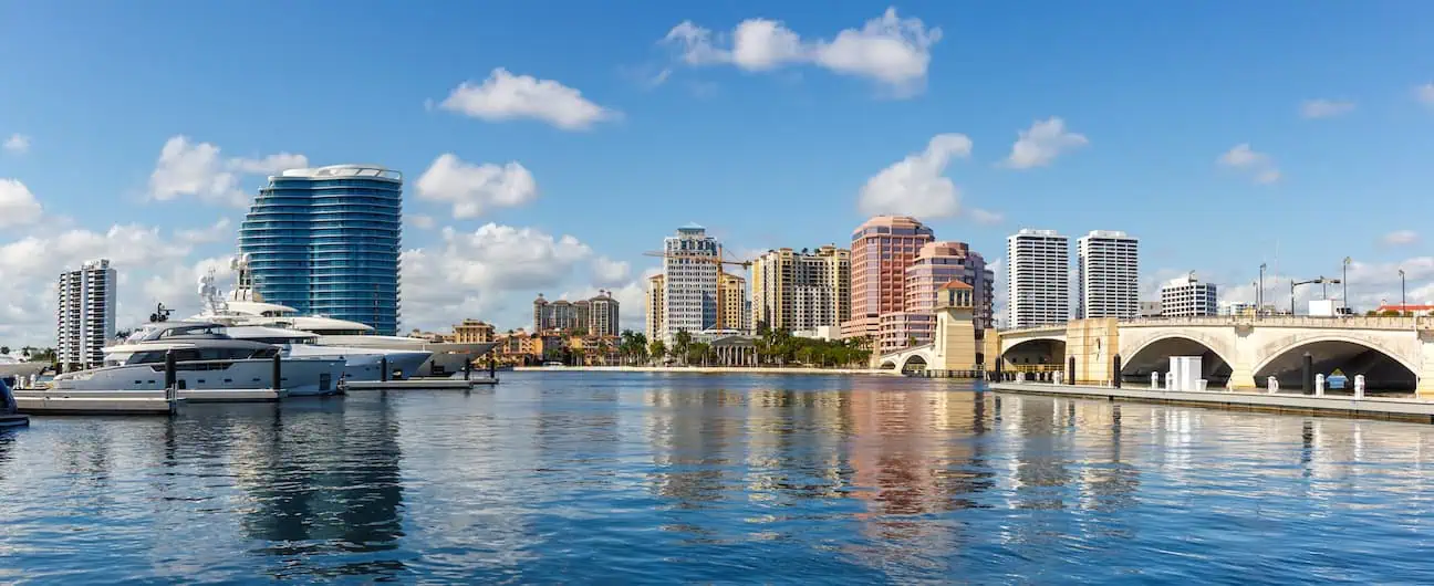 A view of West Palm Beach, FL's skyline on the waterfront