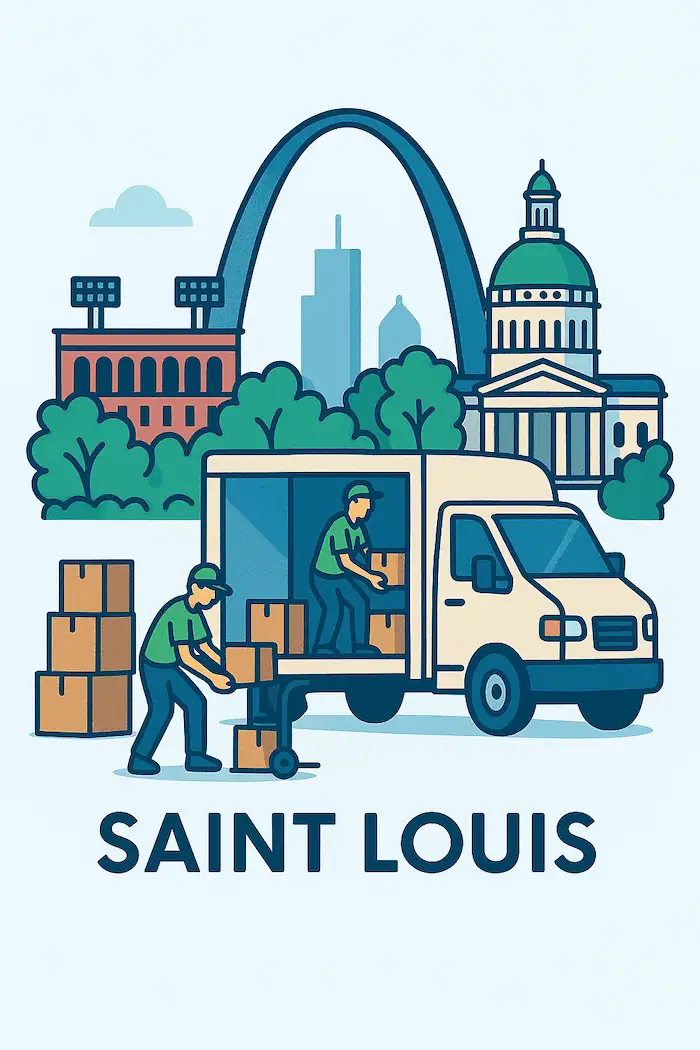 An illustration of movers loading a moving truck in front of a stylized depiction of major landmarks in Saint Louis, MO.