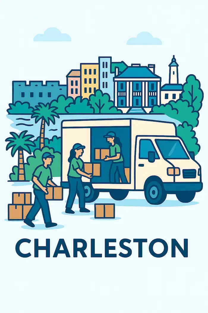 An illustration of movers loading a moving truck in front of a stylized depiction of major landmarks in Charleston, SC.