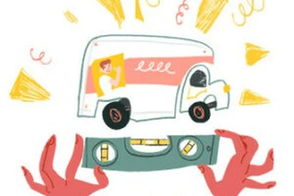 A person waves from a moving truck, which floats above two hands holding a level tool.