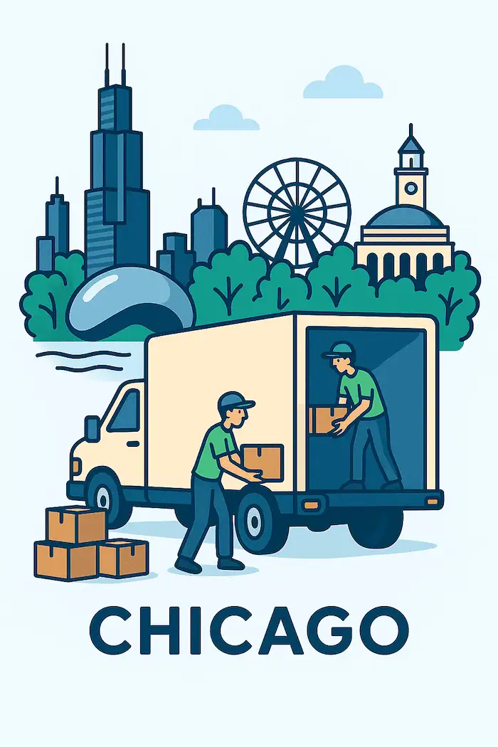 An illustration of movers loading a moving truck in front of a stylized depiction of major landmarks in Chicago, IL.