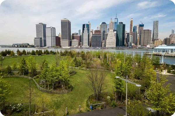 a view of a park on pier 6 in the cobble hill neighborhood of brooklyn. the manhattan downtown skyline can be seen across the water.