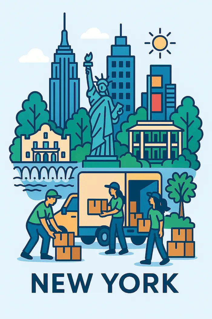 An illustration of movers loading a moving truck in front of a stylized depiction of major landmarks in New York, NY.