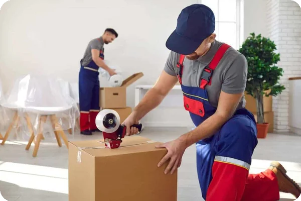 Two movers in blue and red overalls pack and tape boxes shut