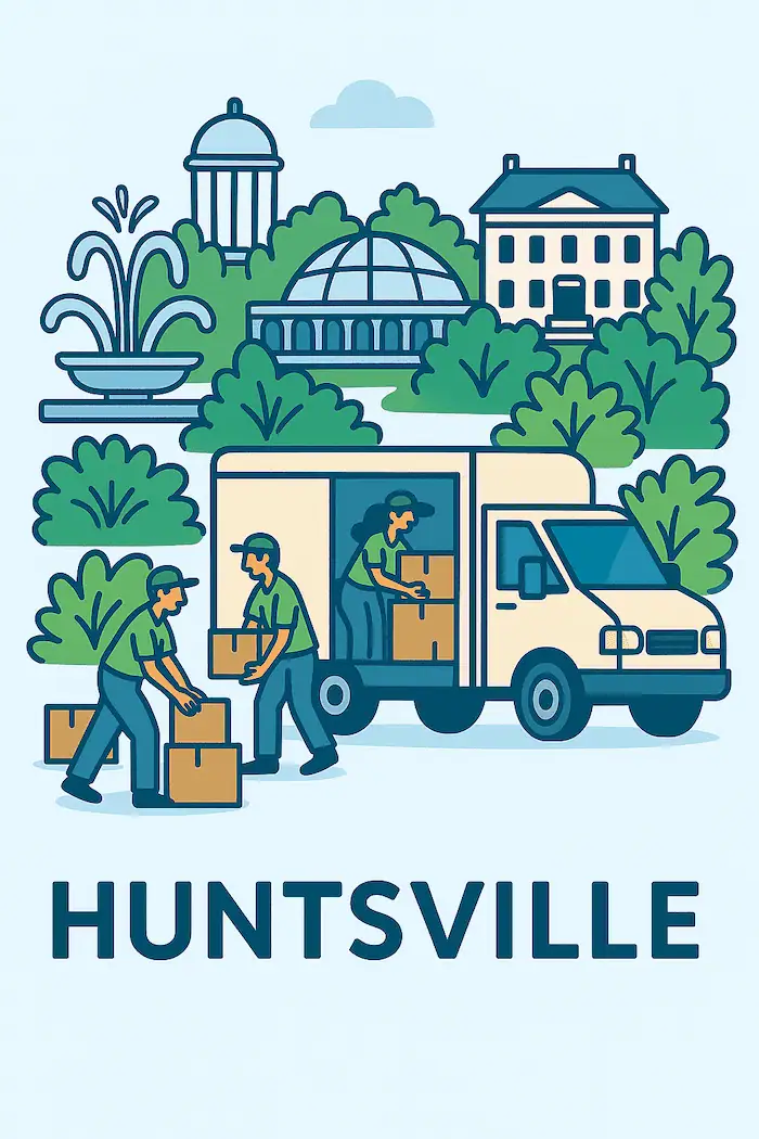 An illustration of movers loading a moving truck in front of a stylized depiction of major landmarks in Huntsville, AL.