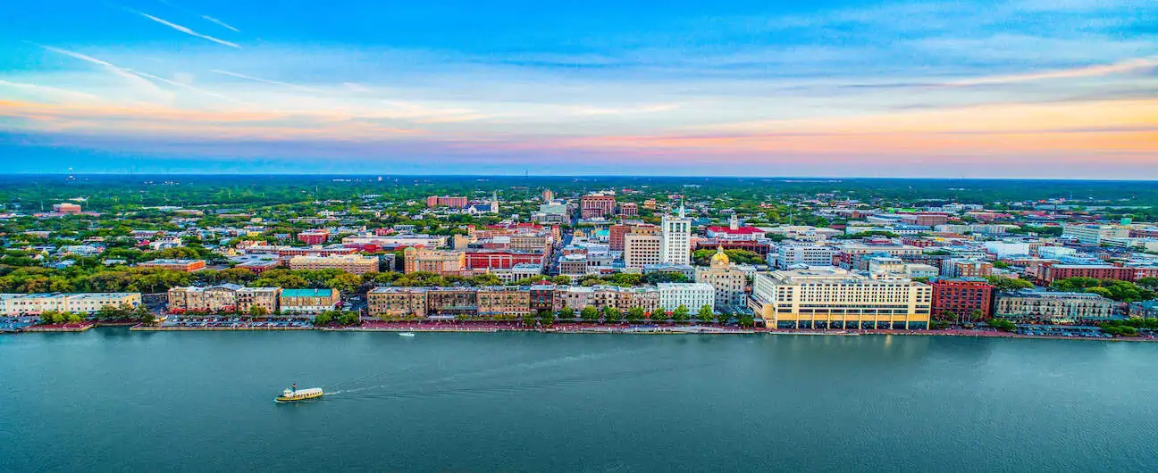 Savannah Georgia Downtown Skyline Aerial.