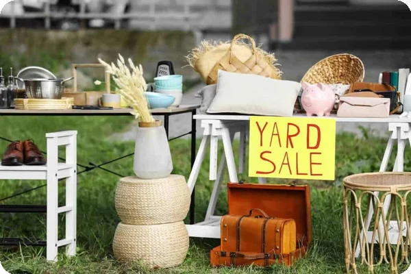several items sit on a table and the lawn of a yard sale