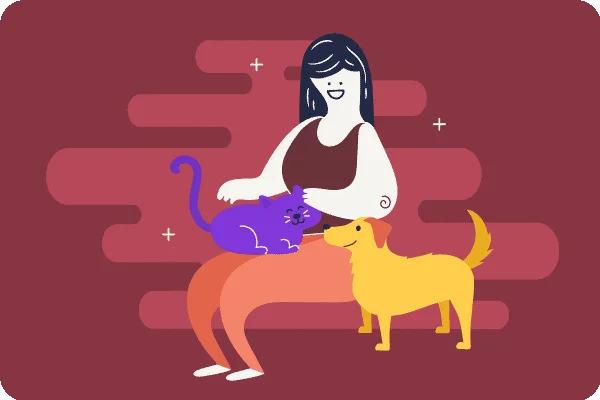 Woman petting a purple cat on her lap, with a yellow dog standing beside her.