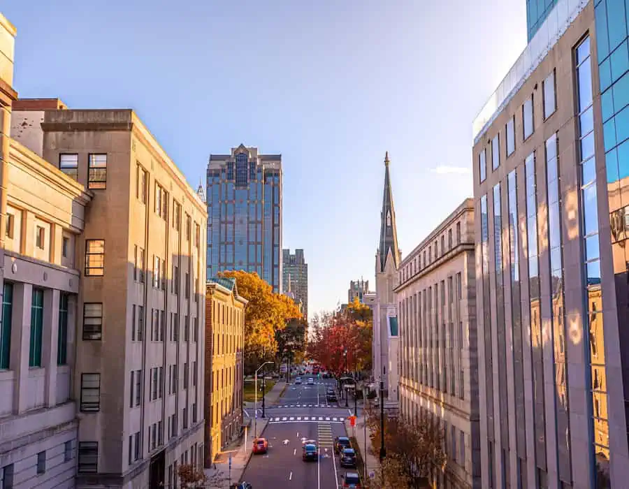 View of Downtown Raleigh at North Salisbury Street in fall season at sunset time, North Carolina, USA.