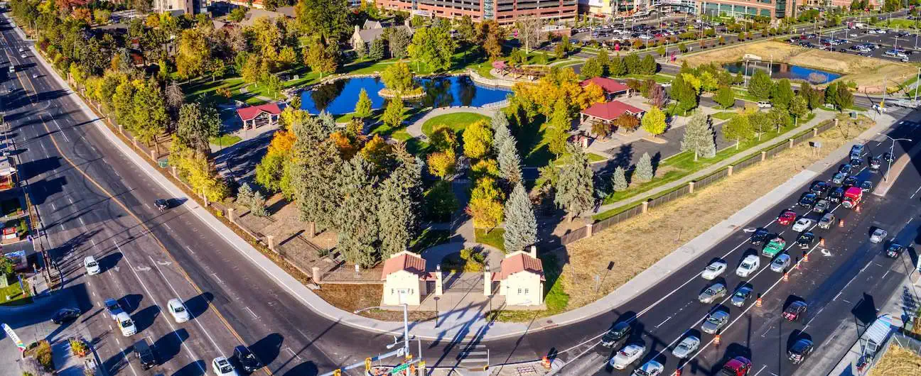 A view of a street and University of Colorado's Medical Facility campus in Aurora, CO