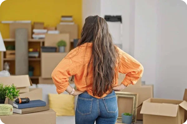 A woman with her hands on her hips stands with her back to the camera looking over a room filled with boxes and furniture