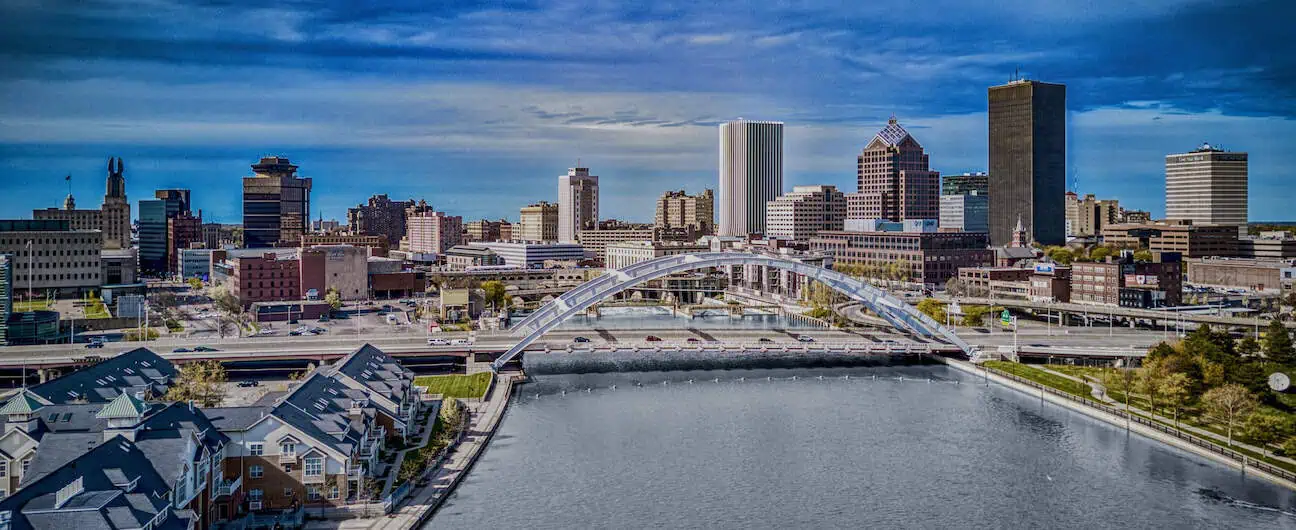 A view of Rochester, NY's cityscape along the Genesee River 