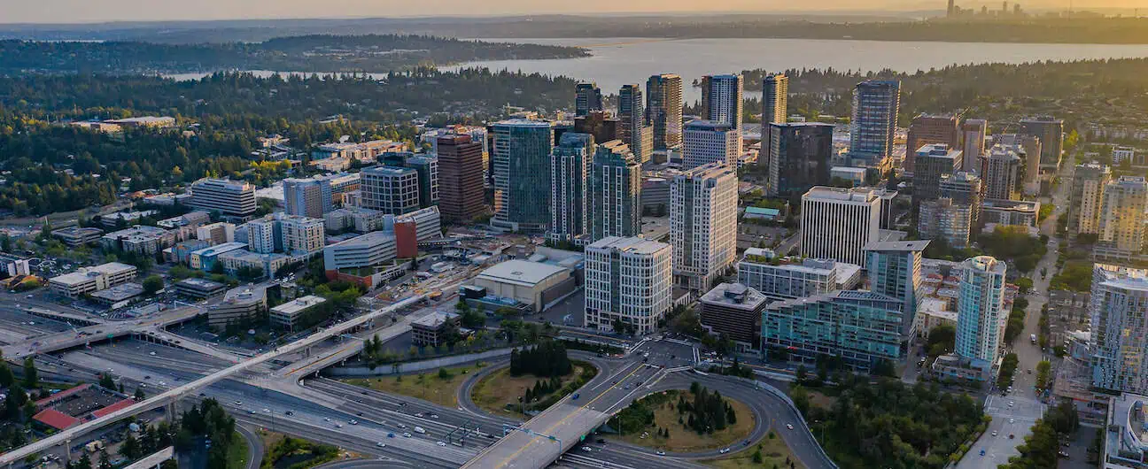 An aerial view of Bellevue, WA's skyline