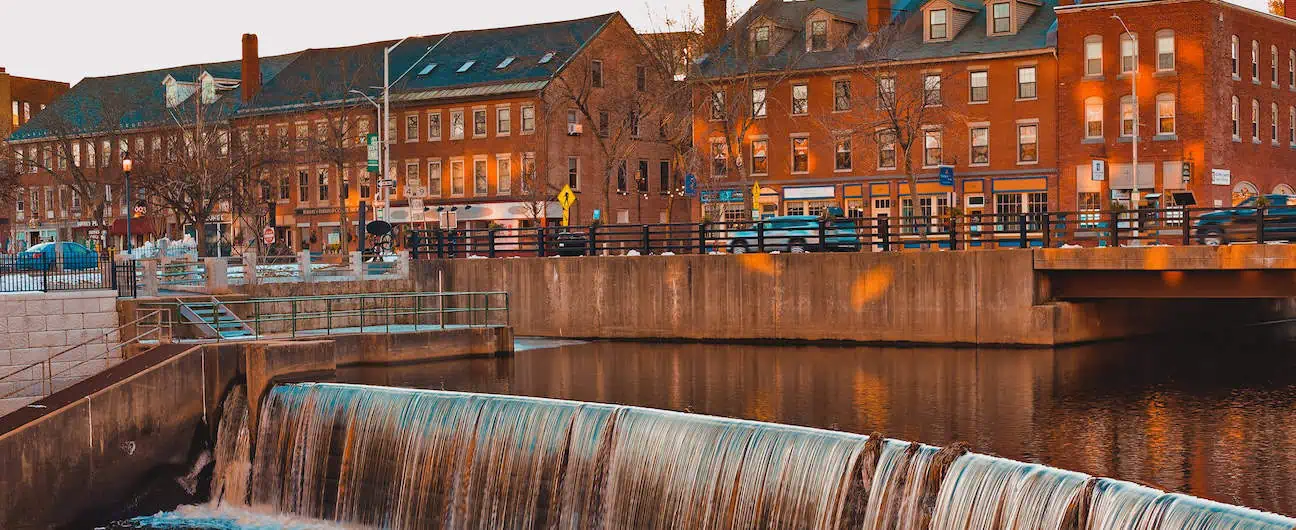 A view of downtown Dover, NH at dusk