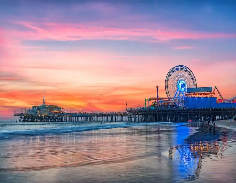 A sunset view of Santa Monica's pier beach.