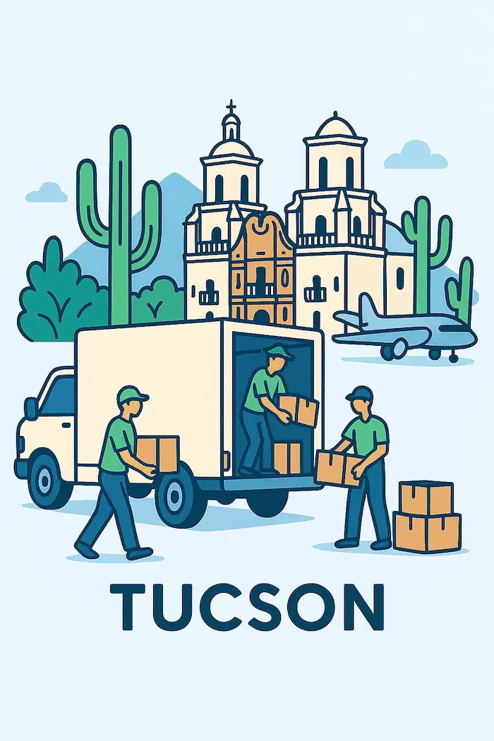 An illustration of movers loading a moving truck in front of a stylized depiction of major landmarks in Tucson, AZ.