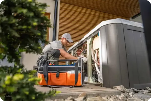 a technician opens a panel on a hot tub