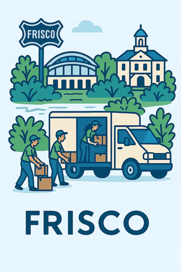 An illustration of movers loading a moving truck in front of a stylized depiction of major landmarks in Frisco, TX.