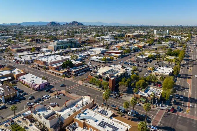 A view of the Scottsdale, AZ city center. The streets are visibly in a grid pattern 