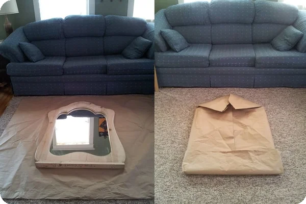 an oddly shaped mirror is placed on a sheet of packing paper that is on the ground. In a second photo, the paper is wrapped around the mirror