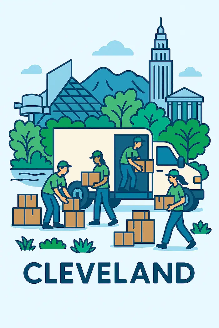 An illustration of movers loading a moving truck in front of a stylized depiction of major landmarks in Cleveland, OH.