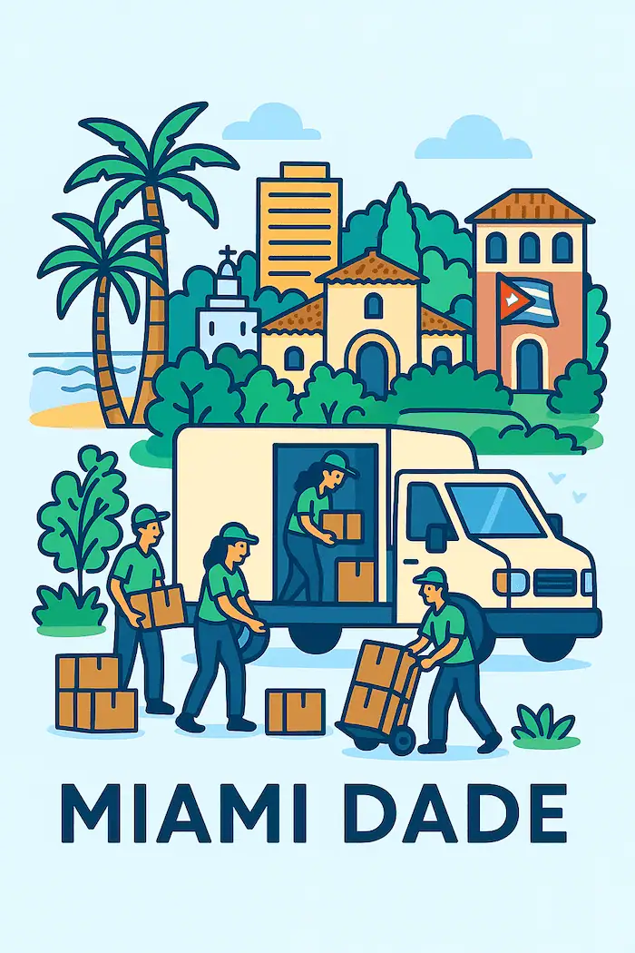 An illustration of movers loading a moving truck in front of a stylized depiction of major landmarks in Miami Dade, FL.