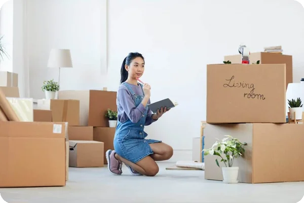 A woman kneels in the middle of a room filled with moving boxes. She's carrying a clipboard and there's a thoughtful expression on her face