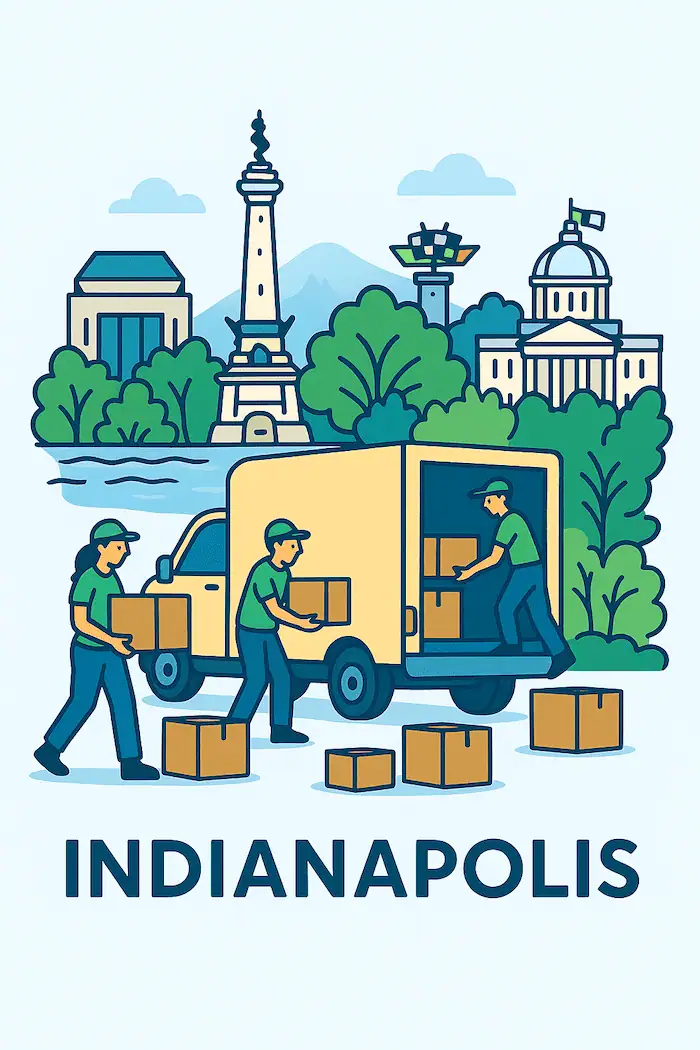 An illustration of movers loading a moving truck in front of a stylized depiction of major landmarks in Indianapolis, IN.