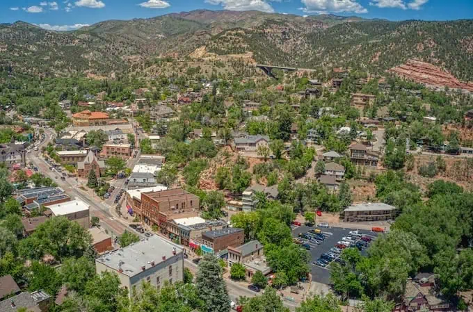 A view of Manitou Springs, a neighborhood in Colorado Springs, CO