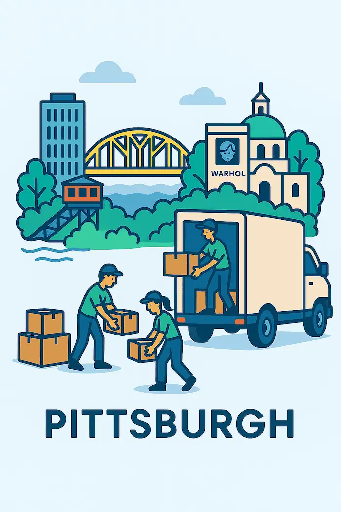 An illustration of movers loading a moving truck in front of a stylized depiction of major landmarks in Pittsburgh, PA.