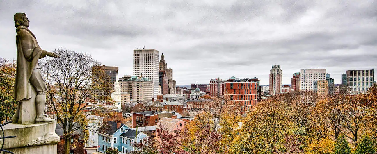 A view of the Providence, RI skyline in autumn