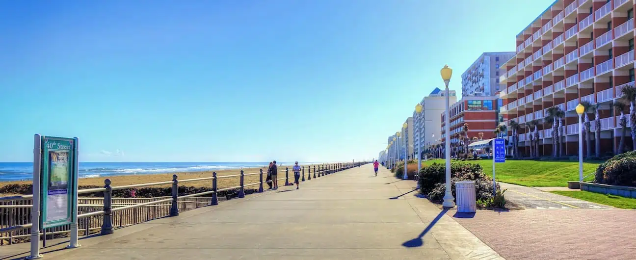 the boardwalk and beach in Virginia Beach, VA