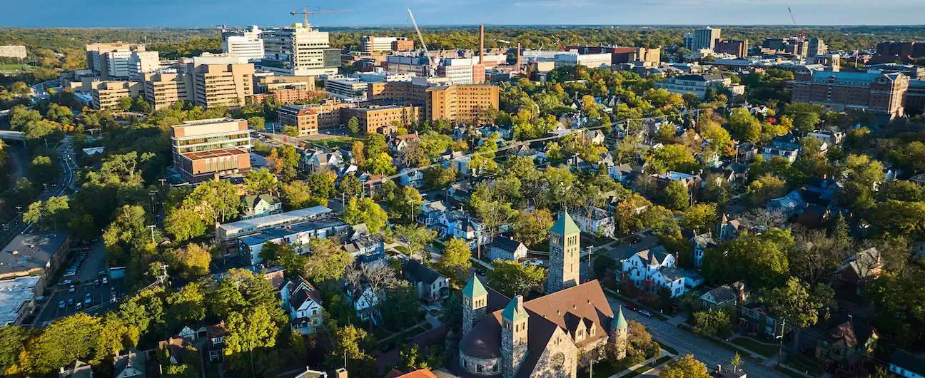 A view of Ann Arbor, MI's skyline at sunset