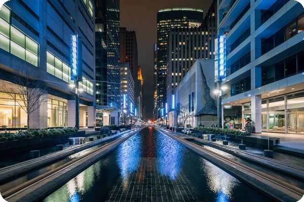 Main Street at night in Houston's Downtown neighborhood