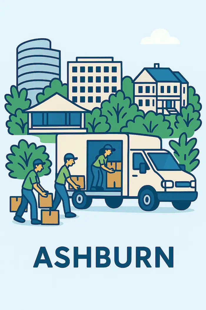 An illustration of movers loading a moving truck in front of a stylized depiction of major landmarks in Ashburn, VA.