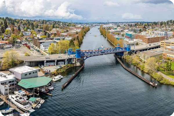 A view of the Fremont Bridge and neighborhood in Seattle