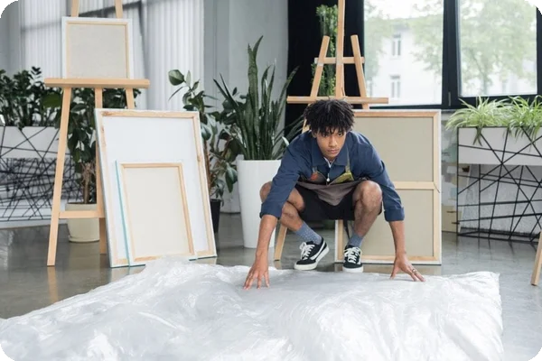 A man with several painting canvases and easels behind him spreads a protective covering over the floor