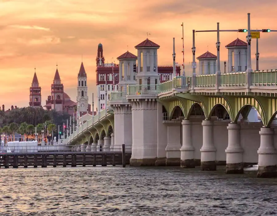 Bridge of Lions in St. Augustine, FL, at sunset.